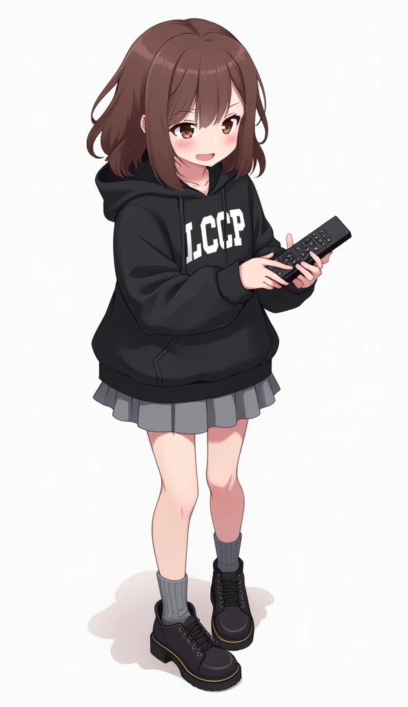 Teenage woman looking forward and brown hair standing in front and her legs and wearing black leather shoes with pins and knee-length gray socks Y poleron size S black with hood and with white letters Athletic-style font LCCP on the chest with pink nails g...