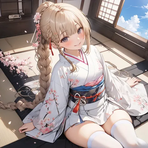 One high school girl、Black Eye、smile、blush、long beige hair、(low braided ponytail hair:1,5)、(Small breasts:1.5),(white thigh high:1.5)、beautiful thighs, white floral kimono,selfie,Japanese-style room、cherry blossoms、blue sky,( perfect anatomy ),( best quali...