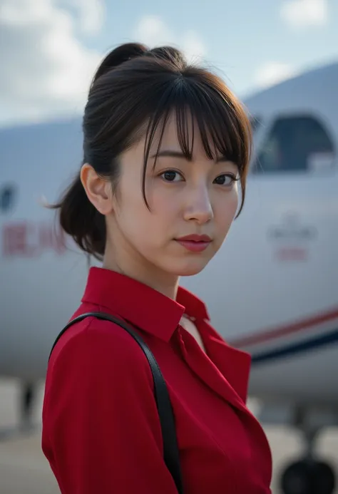 A beautiful Japanese woman with a black ponytail, dressed as a flight attendant, standing in front of an airplane in the background, (best quality,4k,8k,highres,masterpiece:1.2),ultra-detailed,(realistic,photorealistic,photo-realistic:1.37),extremely detai...