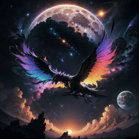 A highly detailed, ultra-high resolution, exquisite, beautiful, dynamic angle shot of a vibrant, colorful, celestial landscape featuring a majestic, rainbow-hued, mythical fire Flying Bird Silhouette against a backdrop of a glowing full moon, swirling gala...