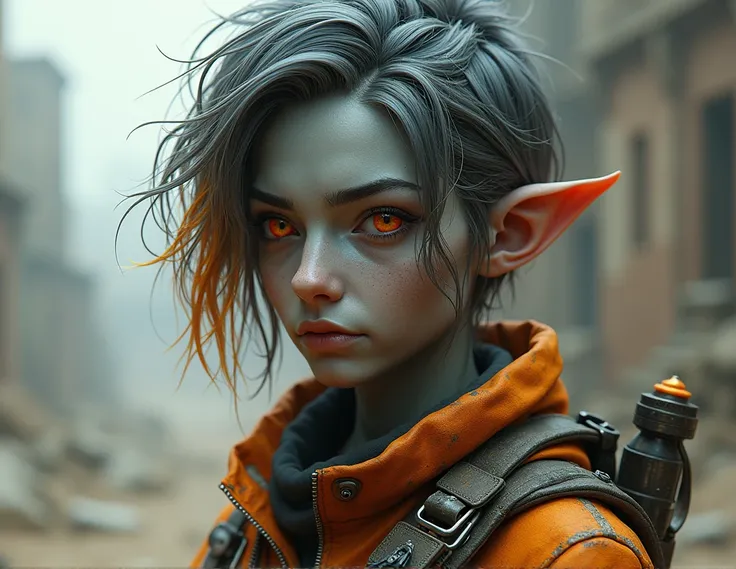 A bust of a young humanoid Karnathi female in a post-apocalyptic world, depicted with a metalic grayish skin tone(all his body), short slightly pointed ears, anddark orange-colored irises. Her hair is dark silver blonde with orange highlights, cascading in...