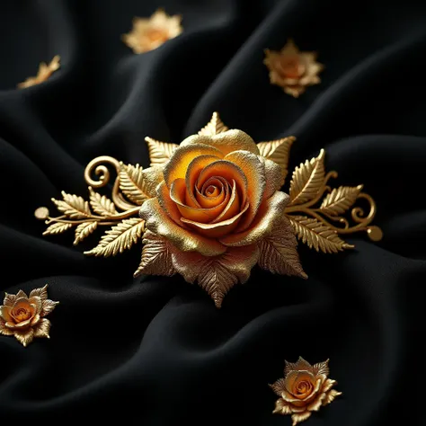  photorealistic golden rose hair ornament。with delicate decorations　Wet。The background is a black silk veil with rose embroidery