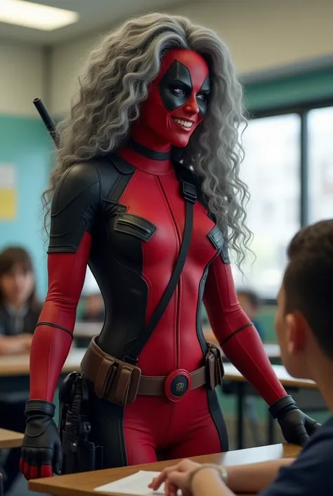 Extremely photorealistic/dynamic Show a fit and muscular Hispanic version of Ariana Grande wearing alas a Deadpool Cosplay she is a 50 years old woman long curly comple tely hair in a big curls styles her graying hair transition from jet black fading to si...