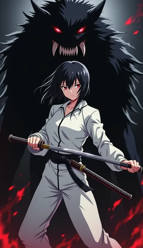 anime, masterpiece, anime scene, 8k, 30 year old girl serious girl wearing a simple white full body bounty hunter jumpsuit with short black hair holding a katana while doing a powerful forward slash creating the image of a black intimidating werewolf with ...