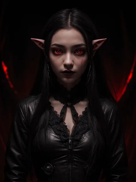 Elf Ears Black Lipstick Young Jodelle Ferland 18 years old Youthful Face Glowing Red Eyes Everywhere Horror, A digital painting depicts a mysterious and eerie scene with a central female character portrayed by Jodelle Ferland with elf ears surrounded by mu...