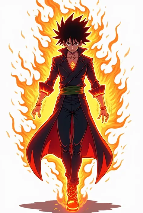  Do it in the style of Togashi author of Hunter x Hunter, Do it in the form of Hunter x Hunter .  Black character with fire neon powers ,  the character design is at your discretion ,  do it on a white background and make the characters full body 