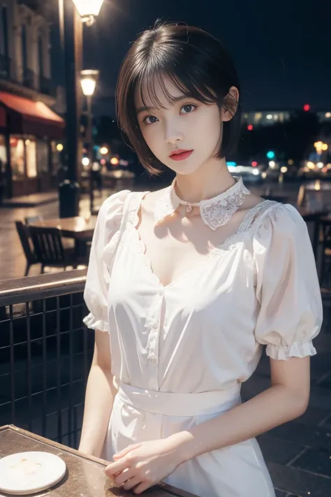 (8k,  Top quality , masterpiece: 1.2), ( realistic, photo realistic: 1.37),  super high posture ,  1 woman, , Alone, small breasts,  beautiful detailed sky , Detailed cafe, night, (Blusher), (laugh: 1.15), (Close your mouth), small, (셔츠 with collar: 1.1), ...