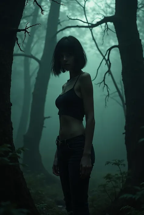 My girlfriend in black jeans, bob haircut,  horror movie , the forest,  high detail