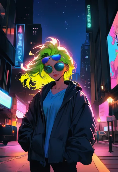 /joker in omib style, illustrator, masterpiece, high quality, 8k, high res, high detail, smiley, transparent sunglasses, cinematic overlay, vivid colors, cool soft lighting, chicago night, wind blowing, greg rutkowki style