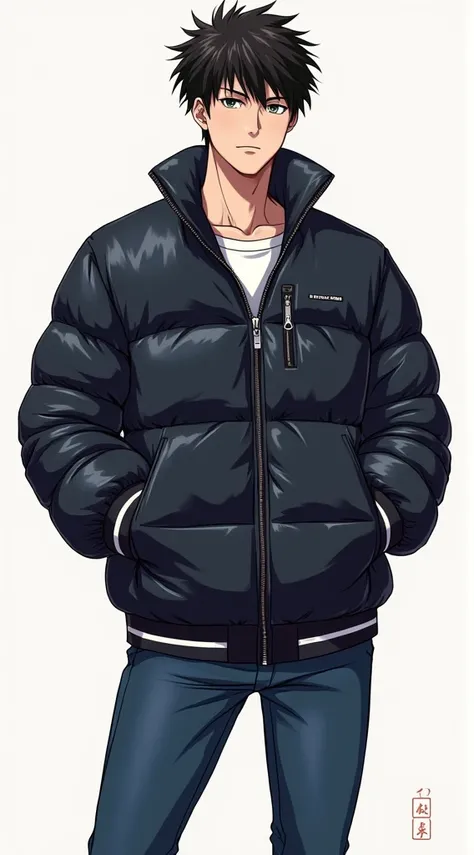  Japanese man、20 years old、Aggressive type、naughty 、 short, trimmed hair 、Short length、standing collar のダウンジャケット、tightなダウンジャケット、tight、 athletes、 shiny down jacket、Full body illustration、 manly、Cool and sporty 、 down jacket collar standing、 shinyダウンジャケット、Cl...