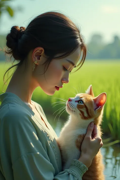 Woman is face to face with a rice paddy background cat