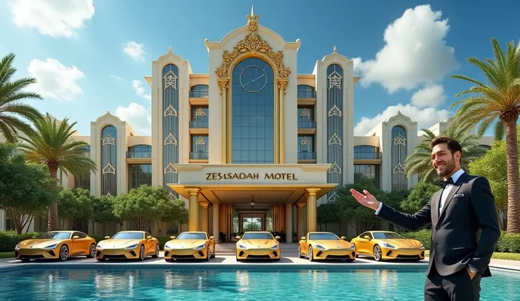 Heres a detailed prompt to generate a similar image:

"Create a luxurious modern hotel with a gold exterior, large glass windows, and grand architectural design, labeled Zesaadah Motel. In front of the hotel, display a row of luxury gold cars, including se...