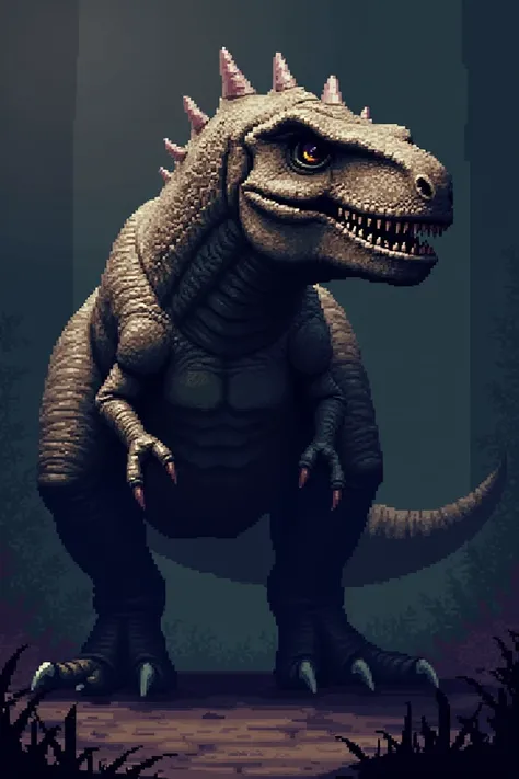 Create a serious and intimidating dinosaur for me pixel version