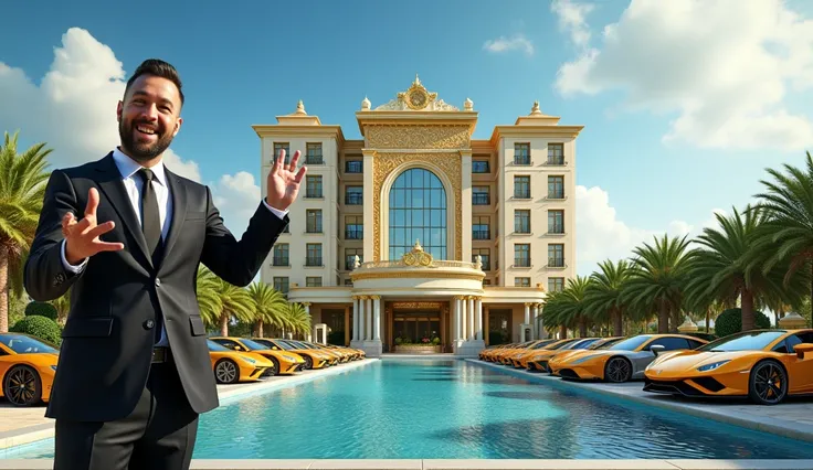 Heres a detailed prompt to generate a similar image:

"Create a luxurious modern hotel with a gold exterior, large glass windows, and grand architectural design, labeled Zesaadah Motel. In front of the hotel, display a row of luxury gold cars, including se...