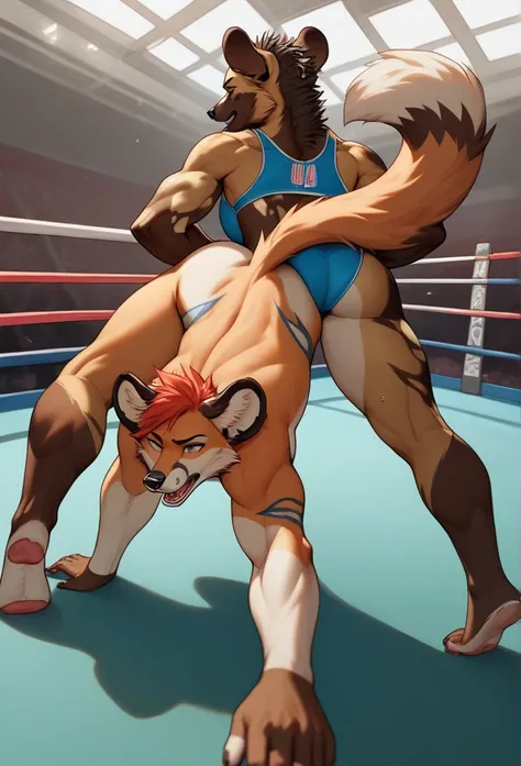 Female, anthropomorphic, african wild dog, blue stripes, yoga mat, pretty nails, strong body, wrestling a fox, opponent, pin, triumph, duo, female fox, covering opponent with body, defeating fox opponent, crushing victory, sad fox, smuh african wild dog, f...