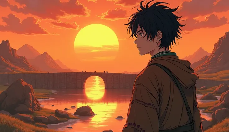 ((Anime style)), a very detailed drawing of a handsome young man with messy hair wearing indigenous tribal clothing, standing perfectly on the side of the screen, in the background a desert city and a large wooden bridge representing an incomplete indigeno...