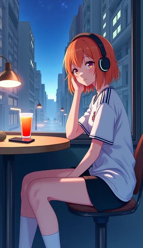 masterpiece,  best quality,  high definition ,  very detailed,((( pretty girl with orange hair wearing a red light))), ((( Japanese anime))), ((( short hair ))), (((White jersey))), (((Black shorts))), ((( white high socks ))), ((( white sneakers ))), (((I...