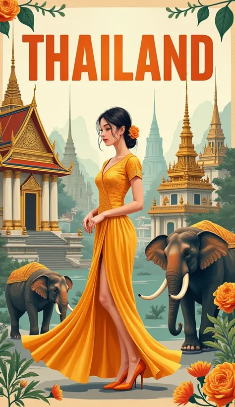  Prompt 🚀
A Big scrapbook , in the center is Wat Phra Kaew and Wat Arun, and the surrounding area with important tourist attractions of Thailand. The highlight is a young woman in a beautiful golden Thai dress. Thai Elephant, Big Text says "THAILAND".