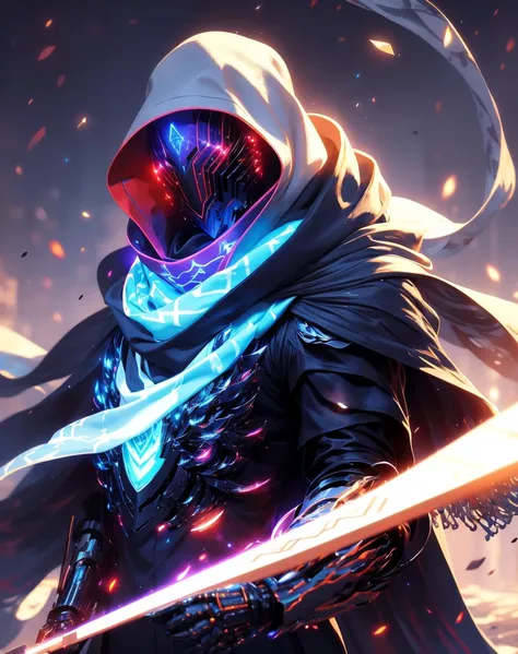 realistic,shiny,reflective,bioluminic, galactic cybernetic mask,mecha,(assassin:1.2),((((scarf,long cloak)))),sh4g0d,GlowingRunes_red,fullbody,cinemnatic,dark background,backlight,high contrast,