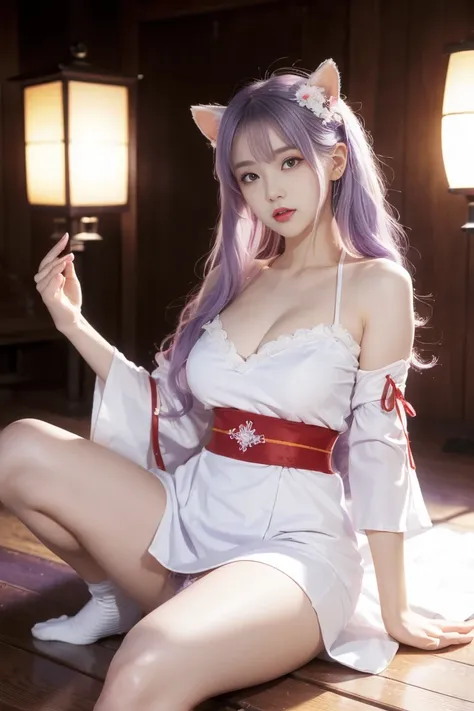 ( Top quality :1.4),  high resolution, masterpiece,, 1 woman,,  light purple hair, Purple eyes, ( Kemomimi),  Medium Breasts ,  bare thighs,, headdress, (Red|White Japanese Miko Dress),  split sleeve ,, Blusher,, lamplight, shrine,, Detailed face,