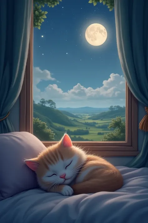 cat cute sleeping on a pillow ,window with beautiful landscape, night sky, star, full moon.