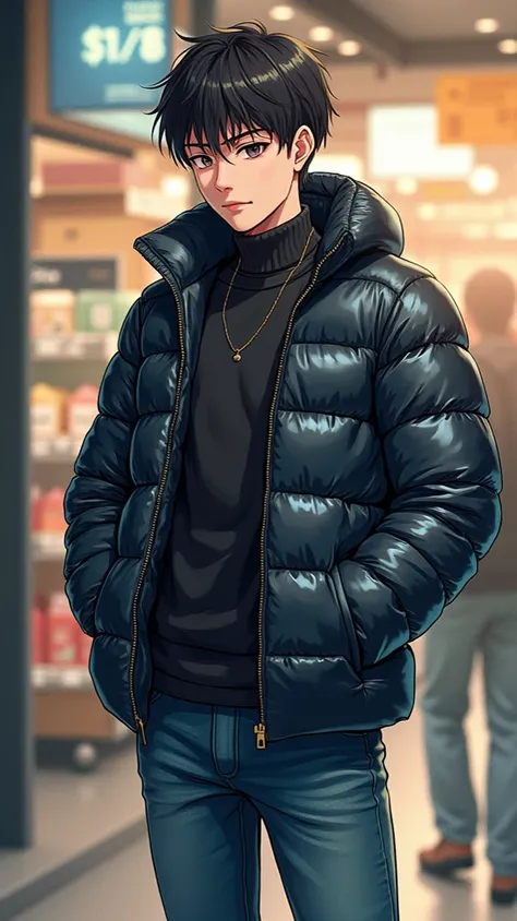  Japanese man、20 years old、Aggressive type、naughty 、 short hair under the eaves of the store、 short, trimmed hair 、Short length、standing collar のダウンジャケット、tightなダウンジャケット、tight、 athletes、 shiny down jacket、Full body illustration、 manly、Cool and sporty 、 down...