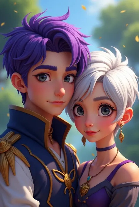 Prince with purple hair and gray eyes , with a  commoner with white hair and black eyes, ambos de pelo corto,  animated image  