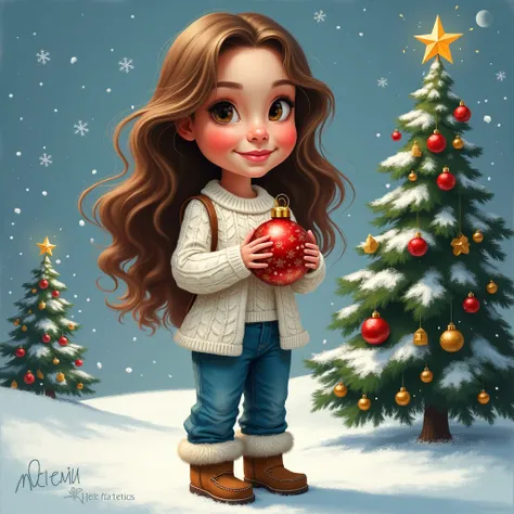 Realism,Caricature, caricature, caricature, big head, , beautiful girl, the girl has long wavy brown hair, the girl is wearing a large knit white sweater, loose cut jeans, on her feet fur brown uggi, in her hands the girl holds a Christmas ball, next to th...