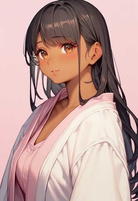 female, brown skin, brown eyes, long hair, black hair, straight hair, straight bangs, wearing white robe, blushing, in pink bedroom, pink walls , cute bedroom