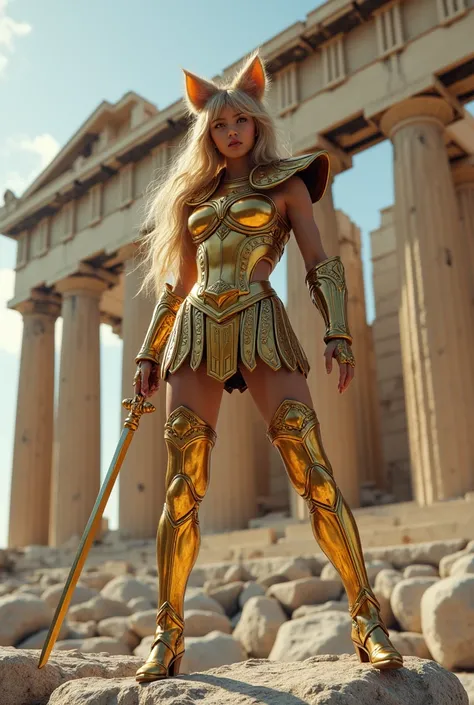 Saint Seiya Kitty: Super Realistic, Cinematic , ( full body),  Toe Standing Action Pose Parthenon Background