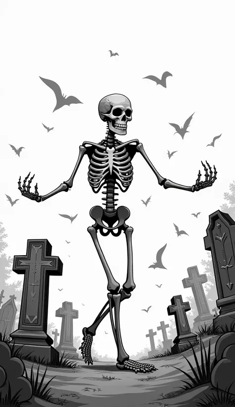 "Design a skeleton dancing in a graveyard with tombstones, illustrated in black-and-white outlines."