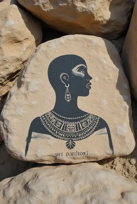 simple rock painting on a stone wall of a person with a necklace 