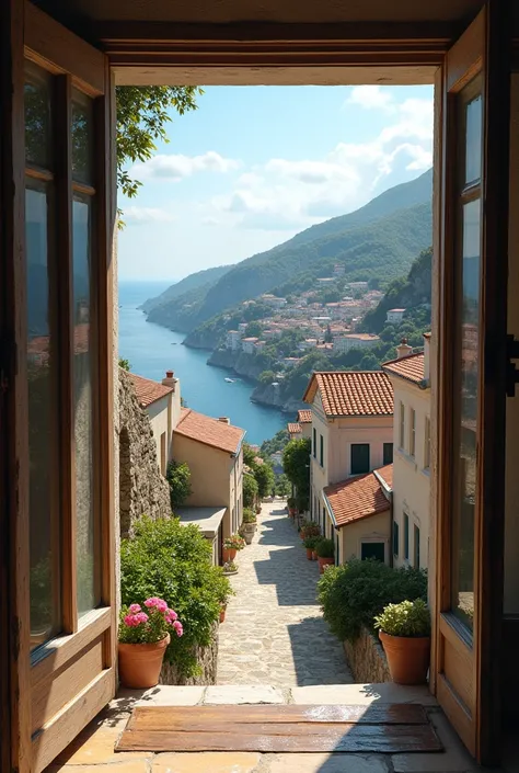 In greese on a hill looking out of a window looking down with building going down to the water in 1st person 