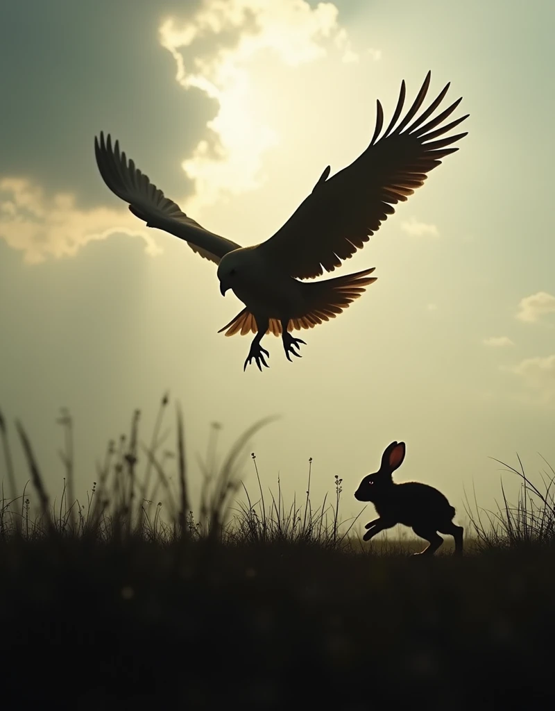 The theme is "Flying Bird Silhouette", realistic, birds-eye view, baby rabbit desperately running away on the ground, bird of prey targeting the baby rabbit, the shadow of the bird of prey approaching the baby rabbit, focusing on the shadow of the bird of ...