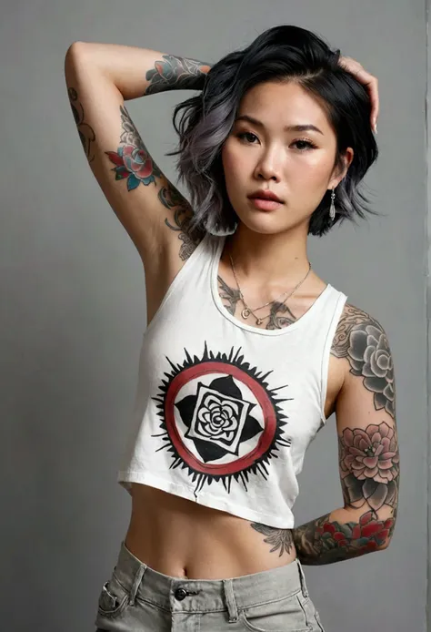 Professional 4K photo of a 20-year-old Thai-Korean half-baby, cute, busty white woman with extensive tattoos is the centerpiece of the image. She is in a slightly off-center position and poses with her arms raised, creating a relaxed and confident pose. He...