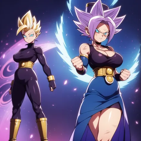 dbsuper style, 
Petite Girl, green aura, super saiyan aura, belt, purple colored hair, huge hair, bruise, bruise on face, clenched hands, frown, Mages hat, gloves, blue eyes, grey gloves, evil grin, medium breasts, petite, soft muscles, solo, spiked hair, ...