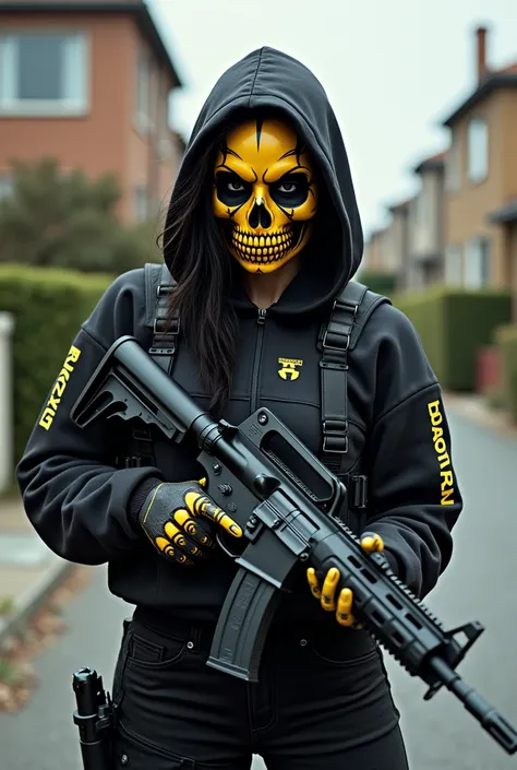 Woman, wearing a skull mask coloured in gold and black, wearing a hoodie with tactical body armour, holding an MP5, suburban background. 