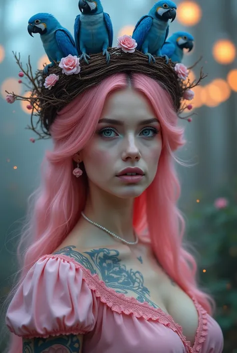 A fantasy Portrait of a busty big breasted Russian Beauty, blue eyes,  closeup, perfect facial features, Pink colour and thick hair(pink colour), her face is decorated with corals and silk,pink ribnons.on hair, a bird nest designed crown on her head, lots ...