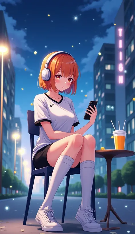 masterpiece,  best quality,  high definition ,  very detailed,((( pretty girl with orange hair wearing a red light))), ((( Japanese anime))), ((( short hair ))), (((White jersey))), (((Black shorts))), ((( white high socks ))), ((( white sneakers ))), (((O...