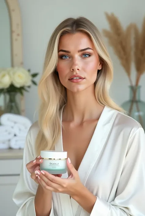 Scene Description:
A stunning blonde model with very long waist-length, sleek, straight blonde hair and radiant blue eyes is promoting a luxurious face cream. Her flawless, glowing skin takes center stage, enhanced by subtle, natural makeup—dewy foundation...