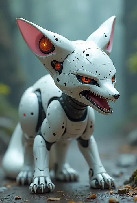 White female fox robot with pink mouth, sharp teeth with two heads