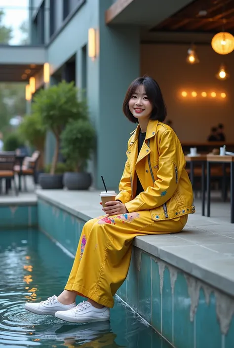  A beautiful Korean woman with short hair , Smiling coldly,
 wearing a yellow leather jacket full of colorful graffiti streaks ,
Long wide pants ripped sneakers vans ,  medium
sitting on a minimalist fish pond wall ,  in
an outdoor cafe during the day , a ...