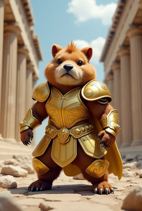 The fusion of Saint Seiya and Chibi Chara Capybaras is super realistic and movie-like, ( full body),  Toe Standing Action Pose Parthenon Background