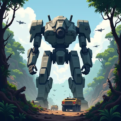  Create an epic scene of a Giant Futuristic War Robot with gray and black armor in a war jungle where you can see planes and off-road war vehicles in an epic pixel art style with lots of details.