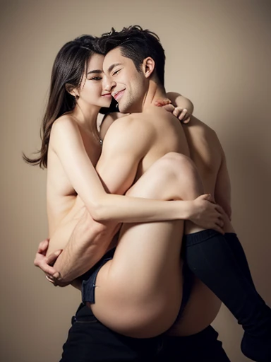 Naked men and women hugging，Both of them are in the camera from the top of their thighs to their heads