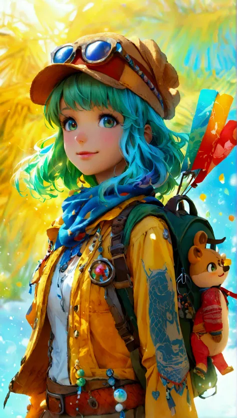 Anime-style mascot character for a travel agency, depicted in a front-facing view. The character is a young, cheerful female with a friendly and welcoming expression. She has medium-length, wavy hair in bright, vibrant colors, such as blue or green. She is...