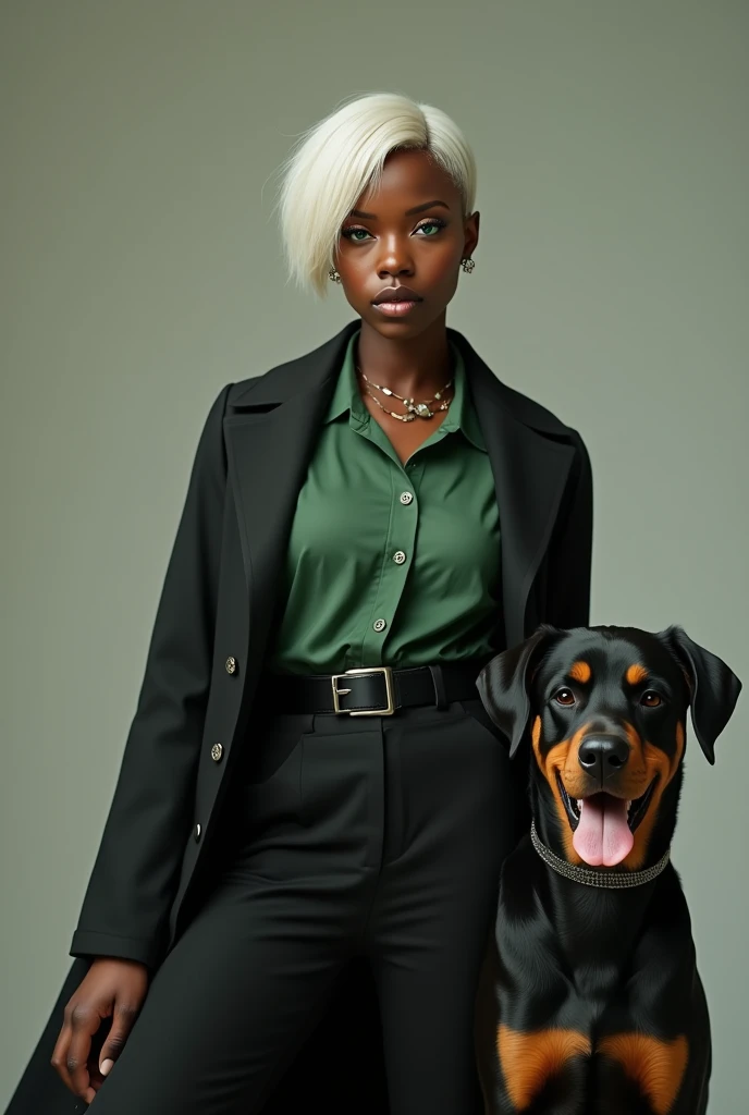  create an image of a 29-year-old black woman with green eyes , Of height 1,72,  with short white hair with a side cut on the right side of her head and a piercing in the nose septum.  she wears clothes characteristic of the 19th century, black pants, gree...