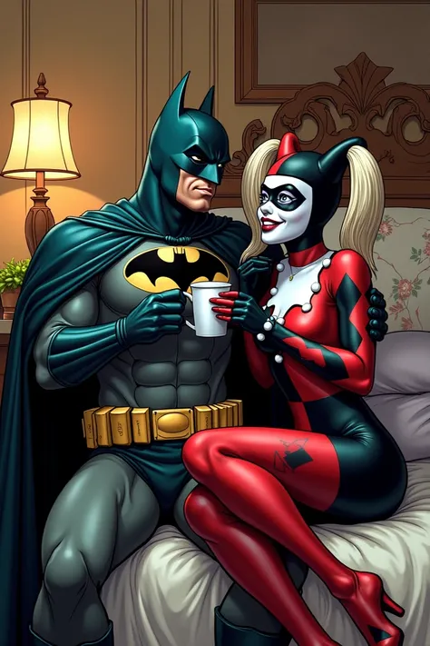 Batman drinking coffee together with Arley Quinn classic bedroom video