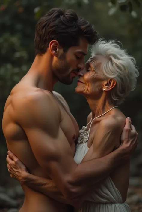 Young six-pack man with no beard is kissing and making love with grandma 