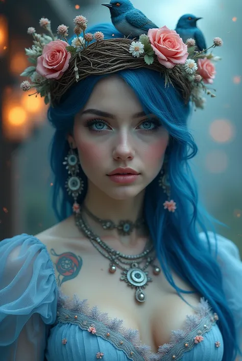 A fantasy Portrait of a busty big breasted Russian Beauty, blue eyes,  closeup, perfect facial features, blue colour and thick hair(blue colour), her face is decorated with corals and silk,pink ribnons.on hair, a bird nest designed crown on her head, tatto...